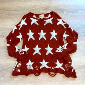 Wildfox White Label Star Print Knit Distressed Look Jumper Sweater Top